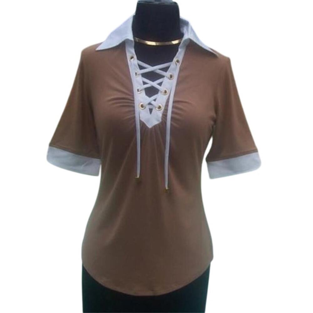 Cache Brown Lace Up Front Ruched Bust Stretch Top New Rayon Spandex $88 NWT
